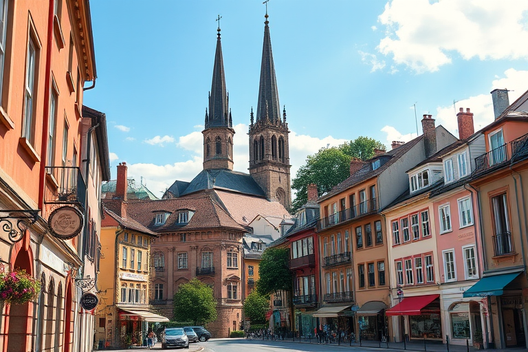Regenerate a scenic view of a historic town with a tall church steeple in the background, using a DSLR camera with a 24mm lens at f/8, ISO 200, and a shutter speed of 1/250 sec, capturing a vibrant perspective from street level with clear details and bright colors.