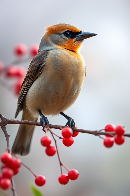 Capture a close-up image of a cedar waxwing perched on a branch with red berries, soft focus background, natural lighting, ISO 200, aperture f/4, shutter speed 1/200s, DSLR camera, 85mm lens.