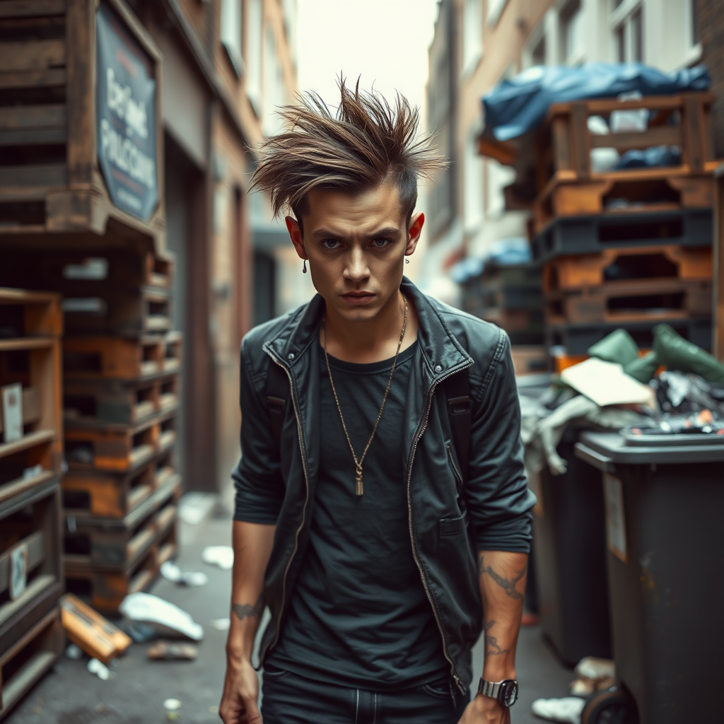 generate an ultra-realistic, highly detailed photograph of a punk. he's standing still, looking menacingly at the camera. he's in a narrow, dirty London street. there are wooden crates stacked up. overflowing rubbish bins, rubbish on the ground.