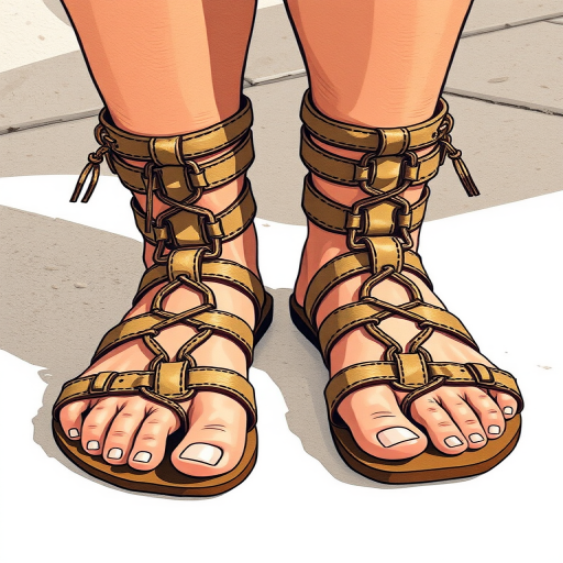 Create a detailed illustration of feet wearing gladiator sandals, emphasizing texture and color, shot with a DSLR camera at 50mm, f/1.8, ISO 100, with natural lighting from the side for soft shadows.
