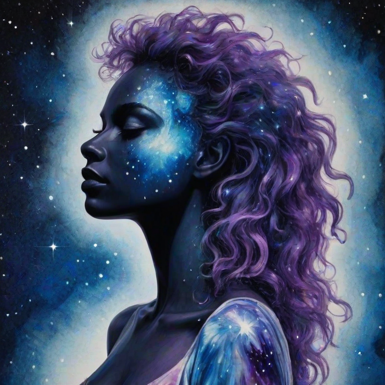 Captivating conceptual render alcohol ink art, double exposure, the paint strokes artfully merge combining a woman's full silhouette with a Adorable alpaca's silhouette. The figures are composed of a series of colored dots, lines & spots that evoke the image of a cosmic galaxy, colors are deep shades of blue purple & black with flashes of white & silver representing distant stars. The woman's silhouette is formed within the lion's silhouette from constellations of scattered stars, surreal