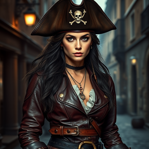 Create a portrait of a fierce female pirate. She wears a leather tricorn hat adorned with a skull and crossbones emblem, and her long, dark hair flows around her face. Her outfit consists of a richly detailed leather jacket, a corset, and multiple layers of belts and accessories, giving her a formidable and stylish appearance. She stands confidently in a dimly lit, historic port town, with a backdrop of weathered buildings and cobblestone streets, capturing the adventurous spirit of a pirate.