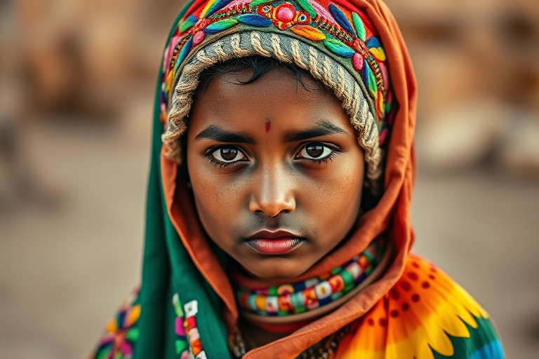 A beautiful Tuareg girl, wearing colorful bird clothing with vibrant colors