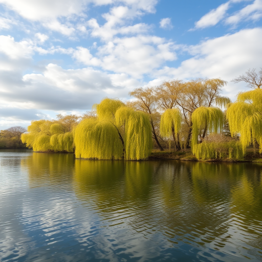 Create a serene landscape image of a tranquil body of water surrounded by weeping willow trees under a partly cloudy sky, using a Canon EOS R5 with a 24-70mm f/2.8 lens, set to ISO 100, aperture f/8, shutter speed 1/200s, capturing a wide-angle view to enhance depth and detail.