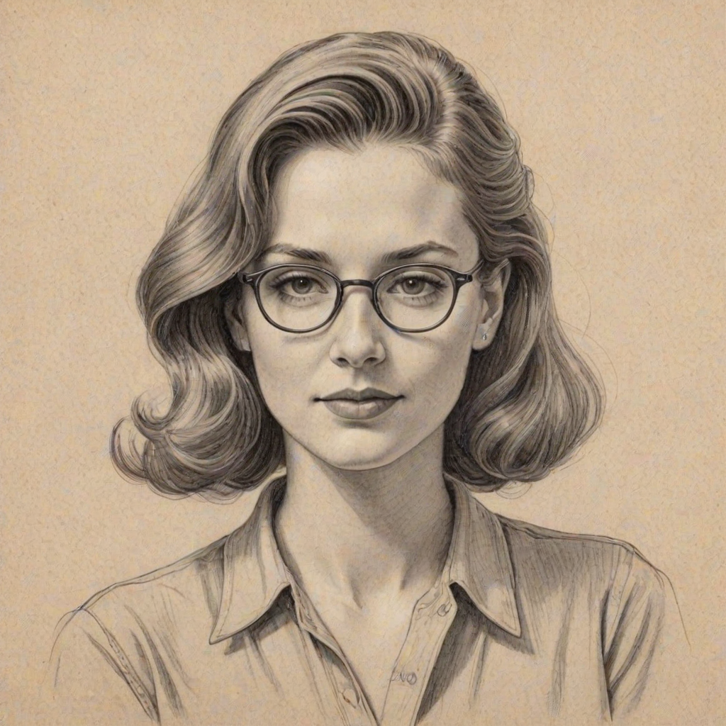 Attractive Sophie Bush, pencil sketch, portrait of Wonderful woman 1944s in glasses, hair style beatnik, outline, clear lines, fine lines, 8k