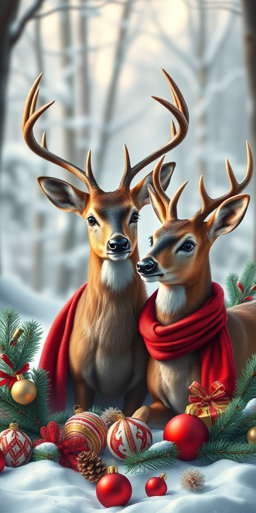 Create a highly detailed illustration of two deer with antlers, one wearing a red scarf, surrounded by Christmas decorations like ornaments and pine branches, with a soft focus background of snowy trees, using a DSLR camera, 50mm lens, f/2.8 aperture, ISO 100, natural light.