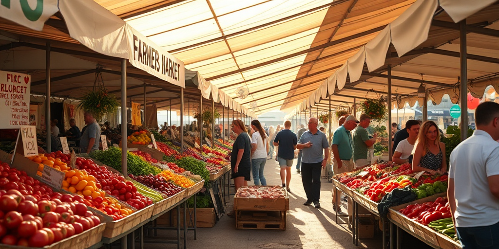 Crisp, early morning photo of a farmer's market, stalls lined with colorful fruits and vegetables, sunlight streaming through gaps in the tents, customers browsing and chatting, soft hum of conversation and the smell of fresh produce in the air.