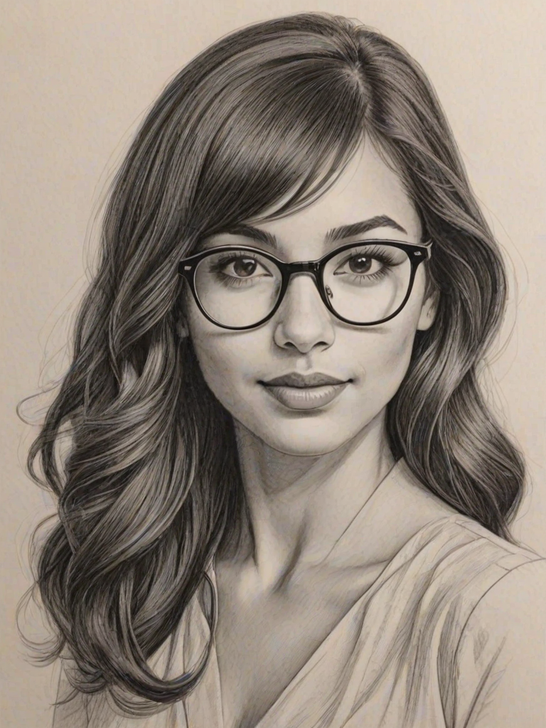 Gorgeous Hannah Simone, pencil sketch, portrait of Alluring woman 1943s in glasses, hair style beatnik, outline, clear lines, fine lines, 8k