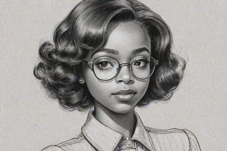 Alluring Skai Jackson, pencil sketch, portrait of Captivating woman 1930s in glasses, hair style beatnik, outline, clear lines, fine lines, 8k