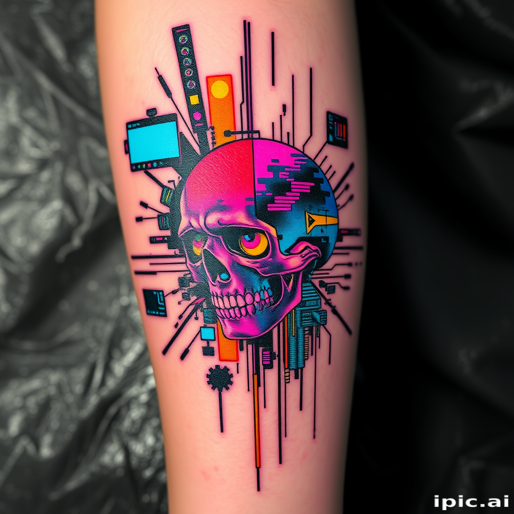 Glitch art tattoo called "Digital Disruption" incorporating pixelated elements distorted images and neon colors to create a futuristic cyberpunk-inspired design with a technological edge