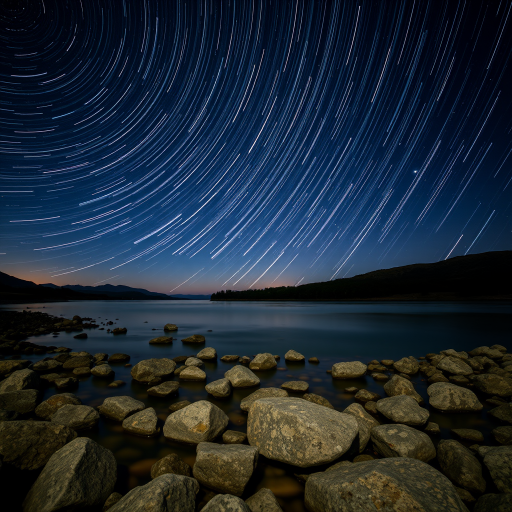 Create a night landscape capturing star trails over a river with a foreground of rocks, using a long exposure of 30 seconds at f/2.8, ISO 800, wide-angle lens, shot from a low angle to include reflections in the water, in a high dynamic range style.