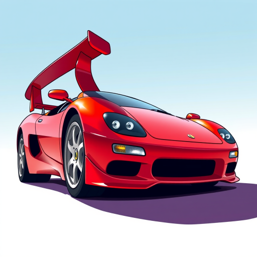 A highly detailed digital illustration of a red sports car with sleek lines and a prominent spoiler, captured from a low angle perspective, using a wide-angle lens at f/8 aperture, ISO 100, 1/200 sec exposure, in a vibrant cartoon style with bold colors and smooth shading.