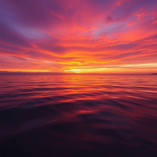 Generate an image of a sunset over a calm ocean reflecting vibrant orange and purple hues, shot with a Canon EOS 5D Mark IV, 50mm lens, aperture f/1.8, ISO 100, using a wide-angle view for a panoramic effect.