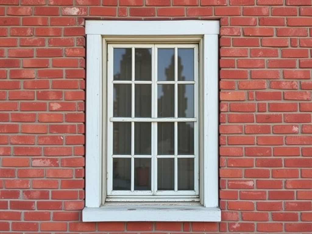 Generate an image of a stylized window with vertical bars on a red brick wall background, using a DSLR camera with a 50mm lens, aperture set to f/4, ISO 100, shutter speed 1/200s, capturing a straight-on view with natural lighting to enhance detail and vibrant colors.