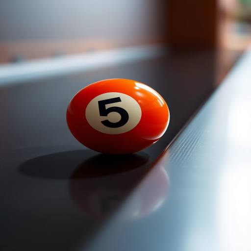 Create a high-resolution image of an orange billiard ball with the number 5 on a smooth, reflective surface, using a 50mm lens, f/1.8 aperture, ISO 100, 1/200 sec exposure, captured from a low angle to emphasize depth, with natural lighting for enhanced vibrancy.