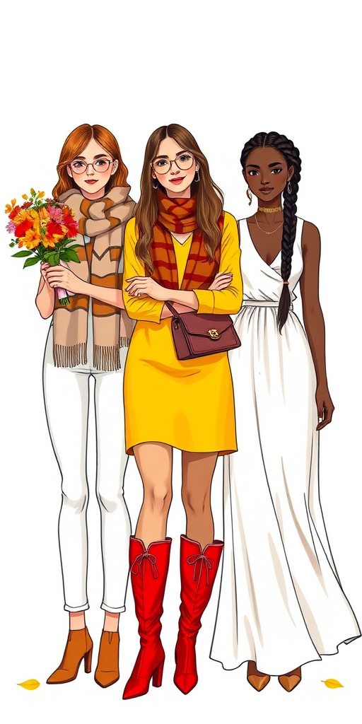 Create a vibrant illustration of three fashionable women in fall attire, one holding a bouquet of flowers, wearing a patterned scarf, another in bright yellow with knee-high red boots, and the last in a flowing white dress with braided hair, captured with a Canon EOS R5, 50mm lens, f/1.8, ISO 100, natural lighting, from a frontal view to enhance detail and color vibrancy.