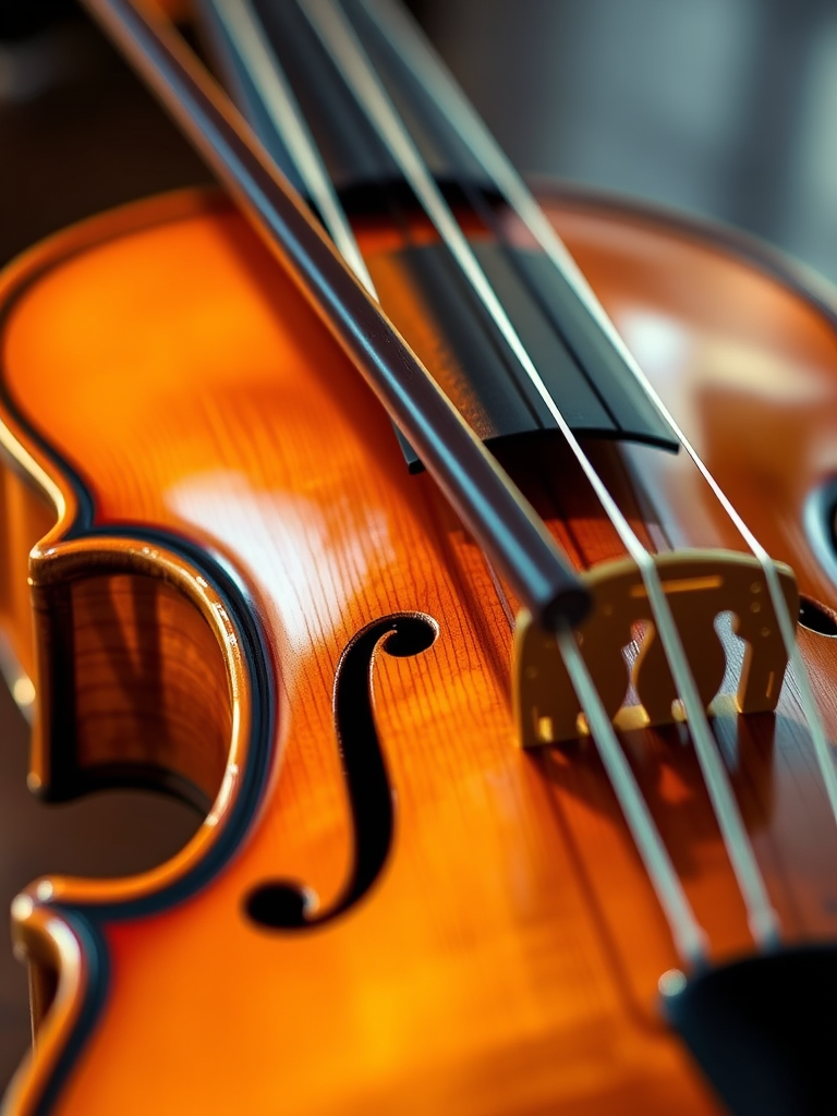 Create a detailed illustration of a violin with a bow, capturing intricate wood grain and shiny strings, using a shallow depth of field, 50mm lens at f/2.8, ISO 200, natural light from the side, photographed from a slightly elevated angle to showcase the body and neck of the instrument.