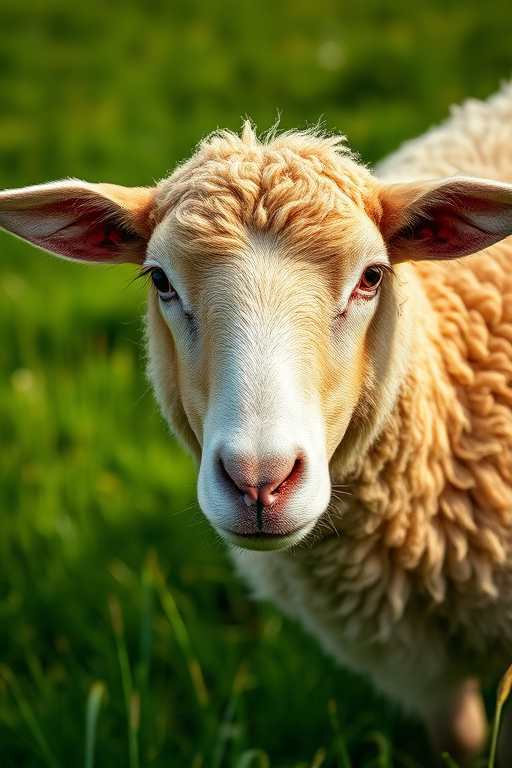 Close-up of a sheep with soft brown wool standing in a lush green field, natural lighting, f/2.8 aperture, 50mm lens, ISO 200, taken with a DSLR camera at eye level for enhanced detail and clarity.