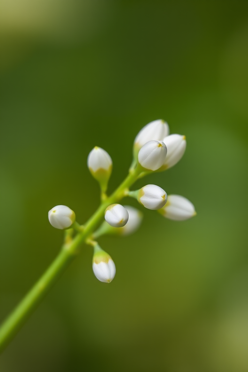 macro shot of delicate white flower buds on a green stem, shallow depth of field, soft bokeh background, 50mm f/1.8 lens, ISO 100, shutter speed 1/200s, natural light, DSLR camera