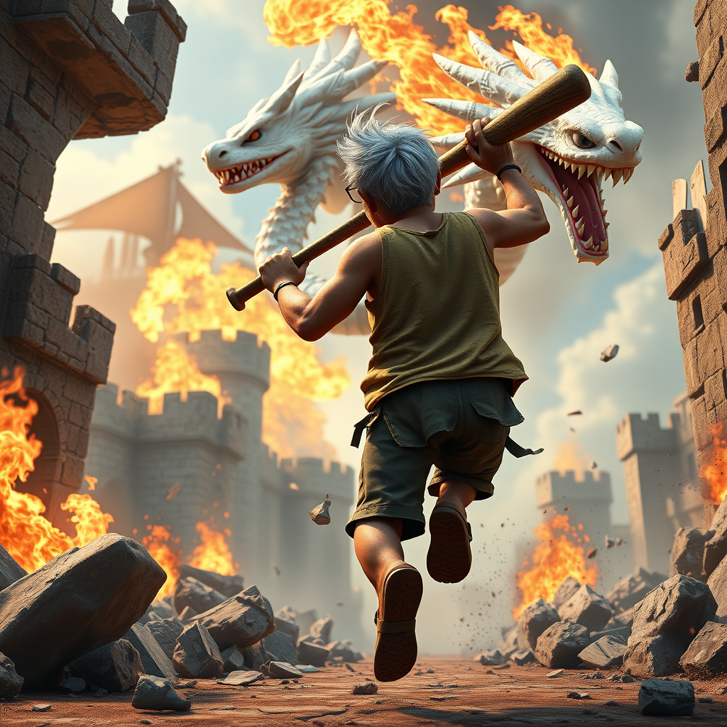 Cartoon 3D High-Resolution,dynamic battle scene using Unreal Engine 5 and Octane Render. The scene features back of an elderly, thai man with a beard,messy hair and round golden-rimmed glasses. He is wearing a tattered tank top with soot marks, shorts, and sandals. sweating. he wields a baseball bat. He jump to fight with a white fire-breathing Europe dragon amidst a partially destroyed stone castle. Include intense flames, smoke, and debris to enhance the dramatic effect.