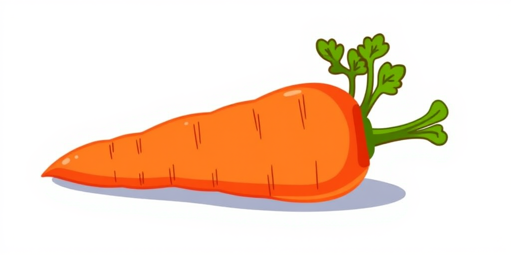 Create a vibrant illustration of a carrot with a green leafy top, using bright colors and a smooth vector style, camera settings set to ISO 100, aperture f/2.8, focal length 50mm, using a DSLR camera from a front view at eye level for a clean finish.