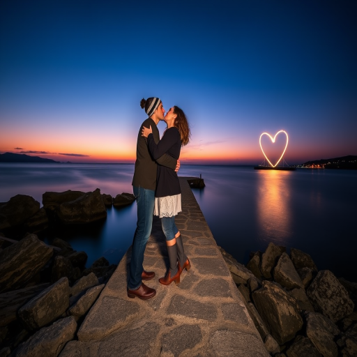 couple embracing on a rocky pier at dusk with a heart shape in the background, long exposure for smooth water effect, f/5.6 aperture, ISO 100, 30 seconds shutter speed, wide-angle lens, DSLR camera, soft focus for dreamlike atmosphere