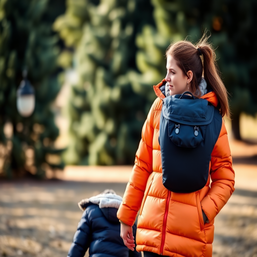Capture a high-resolution image of a woman wearing an orange puffer coat walking hand in hand with a young girl in a navy jacket, set against a backdrop of evergreen trees, use a shallow depth of field at 50mm f/2.8, ISO 100, and natural lighting for vibrant colors.