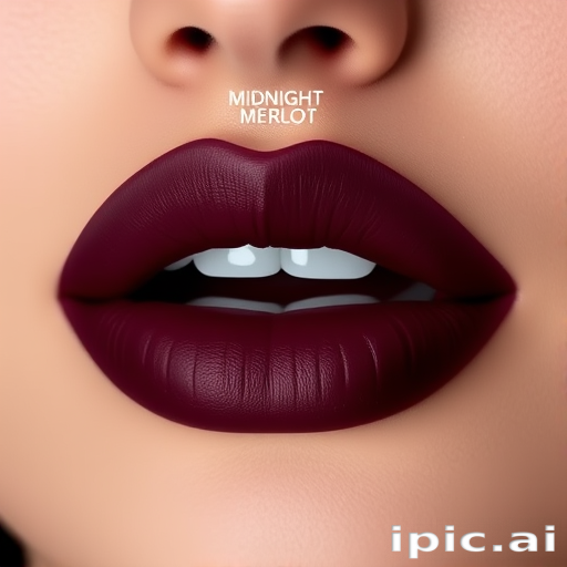 Matte deep burgundy lips with a velvet texture, called "Midnight Merlot," boasting long-lasting wear and a rich, wine-inspired hue for sophisticated elegance
