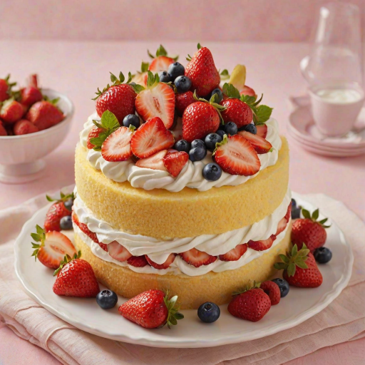 Create an image of a rolled cake with a light yellow sponge, filled with whipped cream and fresh strawberries. The cake should be partially unrolled, showcasing the layers of cream and fruit. The background should be a simple, neutral color to emphasize the cake.