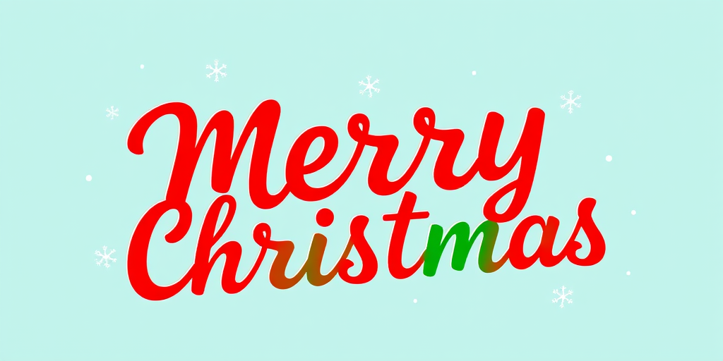 Create a vibrant holiday-themed illustration with "Merry Christmas" in bold red and green cursive letters, snowflakes in light blue around the text, use a DSLR camera, ISO 100, aperture f/2.8, 50mm lens, shot in natural light for enhanced color contrast and sharpness.