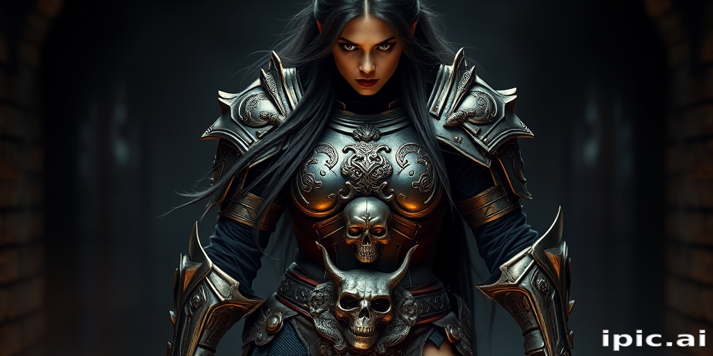 Create a photo of a fierce female warrior with long black hair, wearing an ornate, metallic armor. The armor includes a breastplate with intricate designs, shoulder guards, and gauntlets. The breastplate is decorated with a central emblem, possibly representing a mythical symbol, and has a sculpted, form-fitting design. She wears a belt with a large skull ornament at the center, and her armor extends into a partial skirt, revealing one leg. The overall look is both protective and stylish, with a dark, gothic aesthetic. The background is dimly lit, suggesting a medieval or fantasy setting, enhancing the warrior's imposing presence and intense expression.