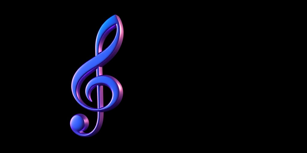 Create a high-resolution image of a glossy treble clef symbol with a gradient of blue and purple colors, captured in sharp focus using a DSLR camera, 50mm lens, f/1.8 aperture, ISO 100, in bright studio lighting against a clean black background.