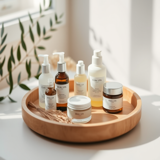 Create a minimalist still life of natural skincare products arranged on a circular wooden tray with soft natural lighting, using a DSLR camera with 50mm lens, f/2.8 aperture, ISO 100, and a shallow depth of field to enhance detail and softness in the background.