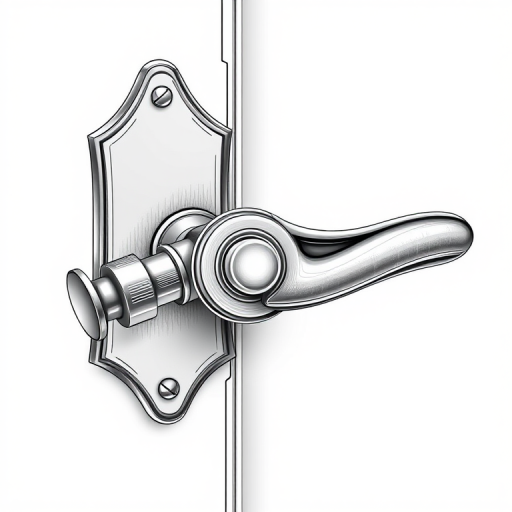Create a detailed vector illustration of a door handle and lock mechanism isolated on a plain background, using a high-resolution camera setting of 24 MP, aperture f/8, ISO 100, with a top-down view and a macro photography style to capture intricate details of the design.
