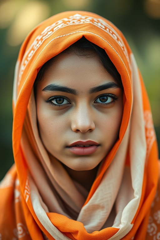 portrait of a young woman in an intricately designed orange and white headscarf with flowing fabric, soft focused background, using a Canon EOS R5, 85mm lens, aperture f/1.4, ISO 100, natural lighting for enhanced color vibrancy and depth.