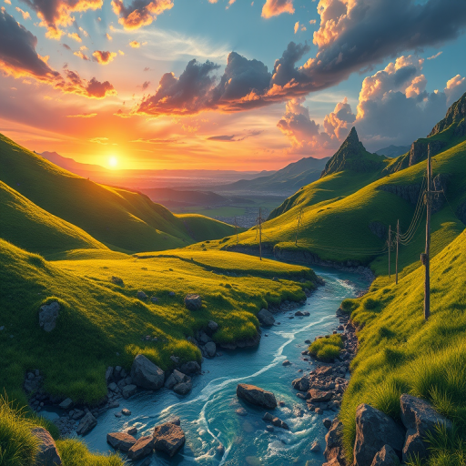Generate a detailed illustration of a fantasy landscape featuring lush green hills, a sparkling river, and a vibrant sunset in the background, captured with a Canon EOS R5 at f/2.8 aperture, ISO 100, at a 24mm focal length, using a wide-angle lens andHDR style for enhanced clarity and depth.