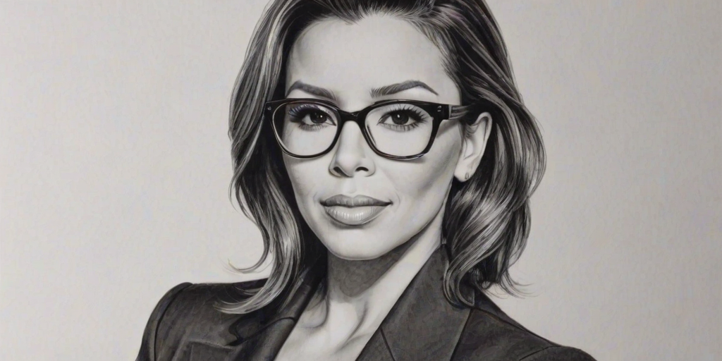 Wonderful Eva Longoria, pencil sketch, portrait of Splendid woman 1932s in glasses, hair style beatnik, outline, clear lines, fine lines, 8k
