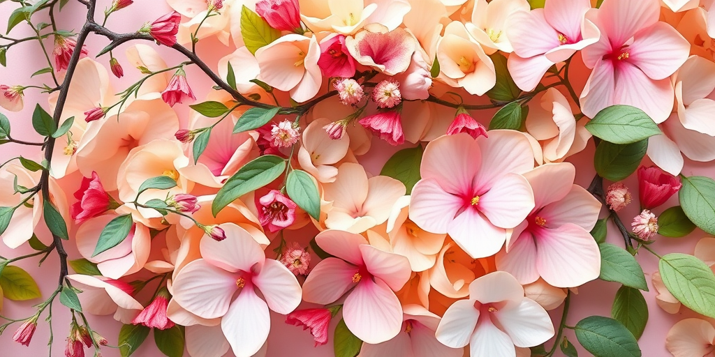 Create a vibrant floral design with soft pastel colors, featuring delicate vines, leaves, and flowers, in a high-resolution style, using a Canon EOS R5, f/2.8 aperture, 35mm lens, 1/125 sec shutter speed, and natural lighting for enhanced clarity and detail.