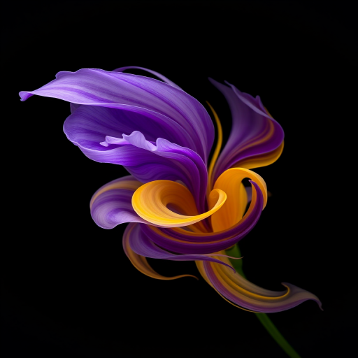 Create a high-resolution image of an abstract floral design featuring swirling purple and yellow hues against a black background, captured with a Canon EOS R5, 50mm lens, f/1.8 aperture, ISO 100, and 1/200s shutter speed for enhanced detail and clarity.