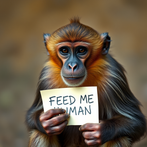 monkey holding a note which says "FEED ME HUMAN"