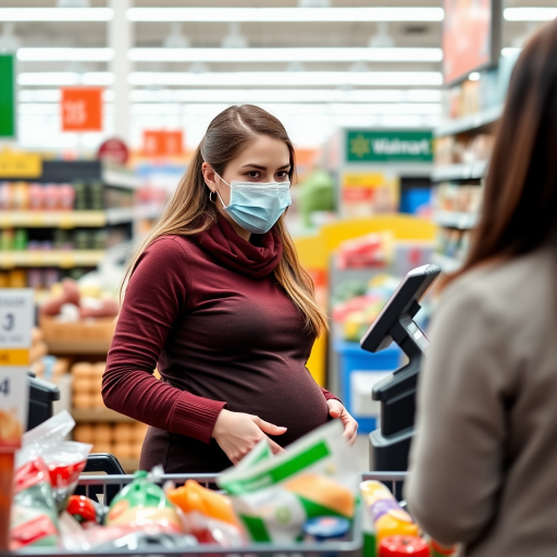 young pregnant woman as a walmart cashier ringing up someone's groceries she works there. shes wearing a surgical mask
