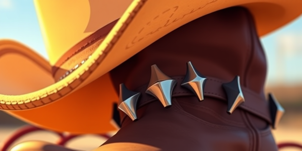 Create a vibrant illustration of a western cowboy hat and boot with spurs, using a high-resolution digital art style, set to 300 DPI, with a close-up view, captured with a Canon EOS 5D Mark IV, f/5.6 aperture, ISO 100, and soft natural lighting to enhance colors and details.