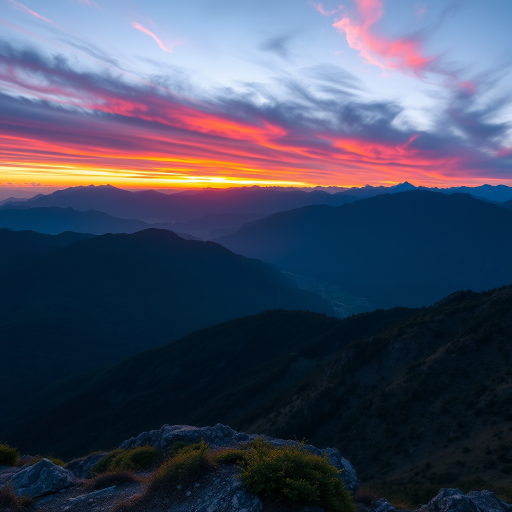 Create a vibrant landscape scene with a sunset over mountains, capture with a Canon EOS R5, 24mm lens, f/8 aperture, ISO 100, 1/125 sec, wide-angle view to emphasize the vastness, and enhance colors in post-processing.