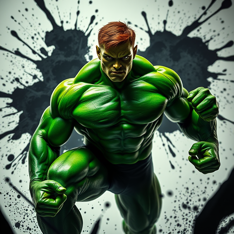 create an image of a muscular green superhero in a powerful pose with an intense expression surrounded by abstract splashes of black paint, camera settings: f/2.8, 1/500s, ISO 100, camera view: low-angle shot, camera style: dynamic lighting with dramatic shadows, camera type: DSLR