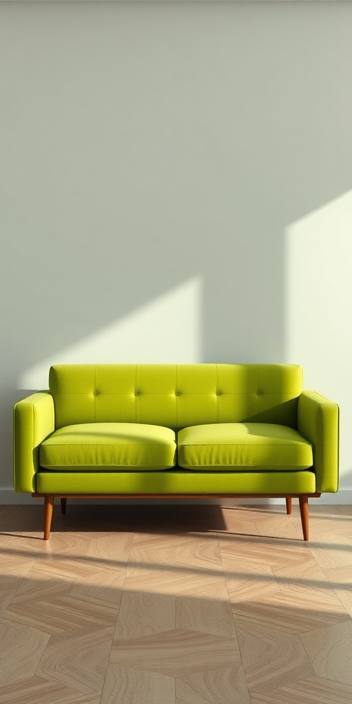 Create a high-resolution image of a modern green sofa with a minimalist design, shot from a frontal view using a DSLR camera with a focal length of 50mm, aperture set at f/2.8, ISO 100, and natural soft lighting for enhanced texture and detail.