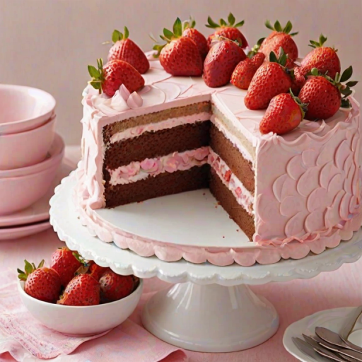 Create an image of a multi-layered cake with a colorful design. The cake should have layers of chocolate, vanilla, and strawberry flavors, each clearly visible when sliced. Decorate the exterior with a mix of pink, white, and brown frosting, featuring a scalloped pattern. Place the cake on a simple white cake stand, surrounded by fresh strawberries and a pastel cloth. The setting should be bright and inviting.