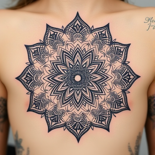 Ornate dotwork mandala tattoo called "Sacred Bloom" showcasing intricate patterns of tiny dots forming a large, circular design inspired by traditional Hindu and Buddhist symbolism, with layers of intricate details radiating outward from a central focal point, creating a mesmerizing and meditative piece of body art