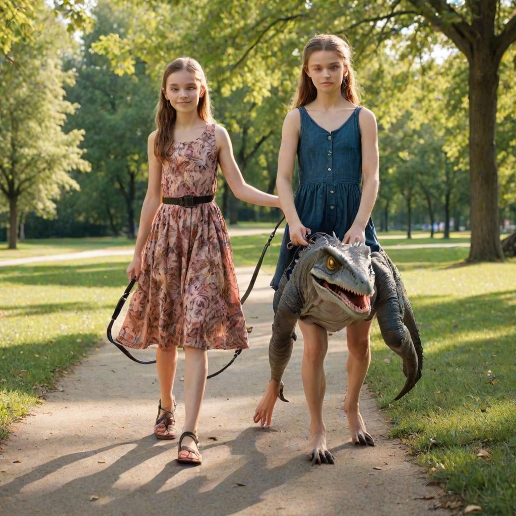 15 year old girl in a dress walking her pet Velociraptor on a leash through a park