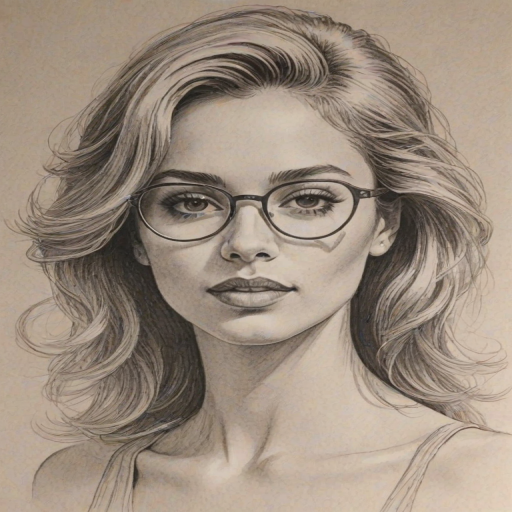 Superb DaniLeigh, pencil sketch, portrait of Dazzling woman 1979s in glasses, hair style beatnik, outline, clear lines, fine lines, 8k