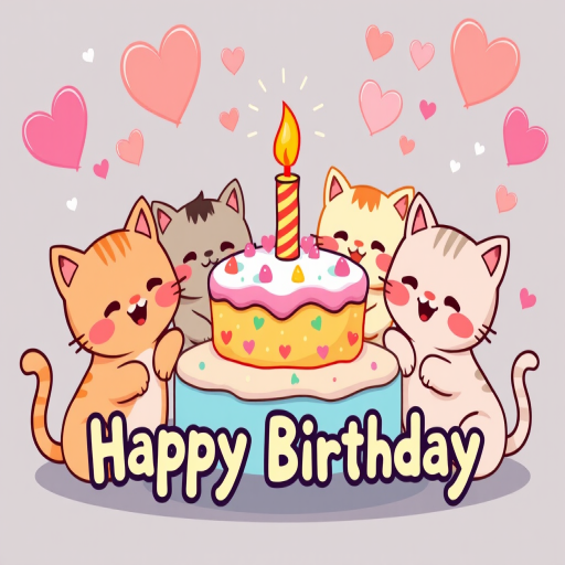 Cute cartoon cats celebrating a birthday with a colorful cake that has a candle on top surrounded by hearts and the text Happy Birthday in a playful font.